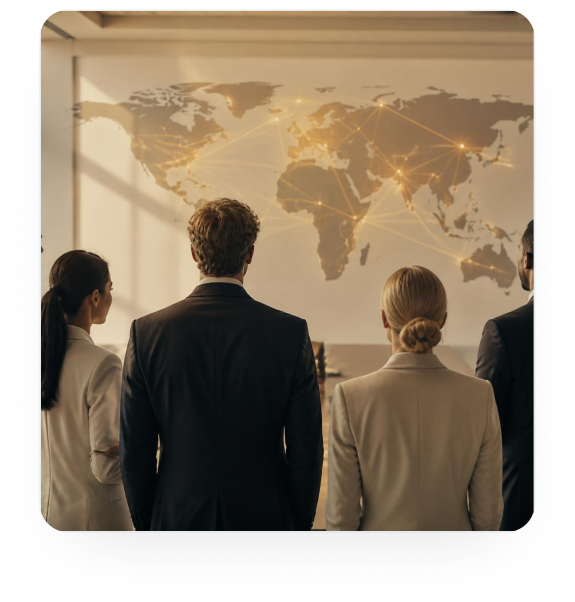 Executive team reviewing global operations map