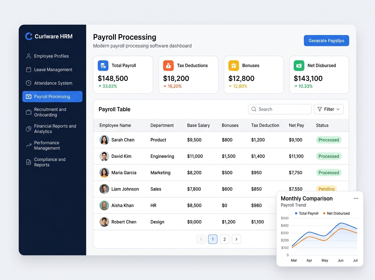 Curlware HRM Payroll Processing Dashboard